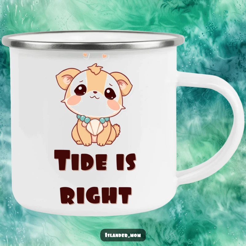 Funny animal character gazing dreamily upwards, wearing a seashell necklace, a durable and humorous camping mug for peaceful outdoor moments.