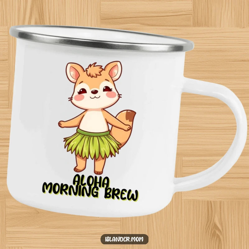 Funny camping mug featuring a grass skirt animal character dancing merrily, bringing tropical cheer to any outdoor setting.
