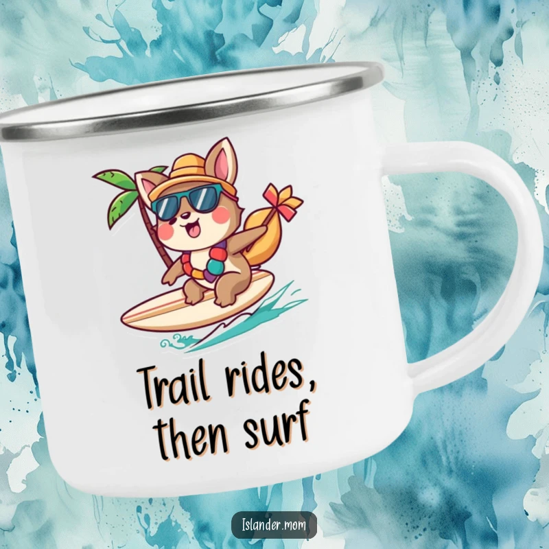 Funny Islander Animal Camping Mug featuring a character cheerfully riding a small surfboard, perfect for beach outdoor fun, a funny gift.