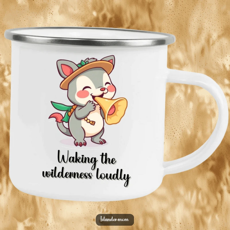 Funny Islander Animal Camping Mug featuring a character playfully blowing a conch shell, perfect for outdoor tropical sounds, a funny gift.