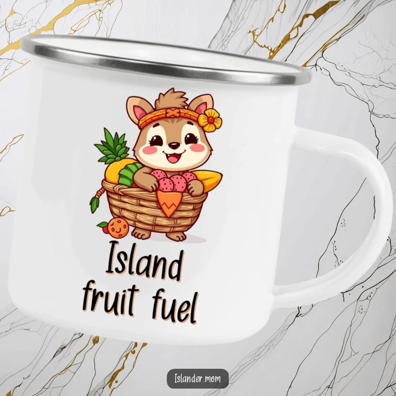 Funny camping mug with a cheerful islander animal character holding a basket overflowing with tropical fruits, ready for outdoor escapades and fun.