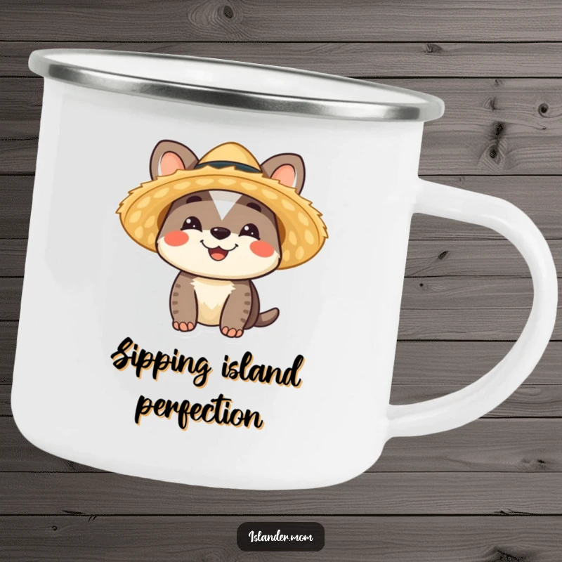 Funny Islander Animal Camping Mug featuring a smiling character in a straw hat, perfect for tropical outdoor fun, a funny gift.