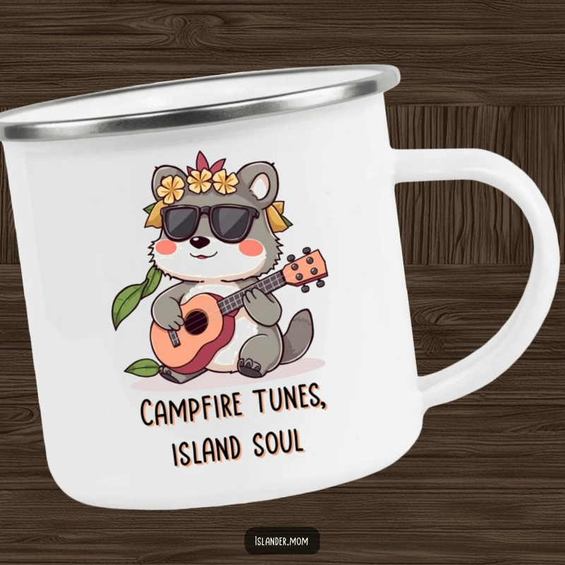 Funny Islander Animal Camping Mug featuring a character playing a small ukulele, perfect for musical outdoor fun, a funny gift.