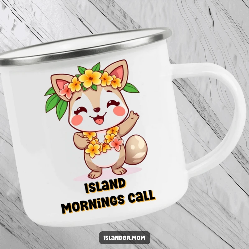Funny camping mug illustration of a smiling island animal character with a flower lei, dancing with tropical joy.