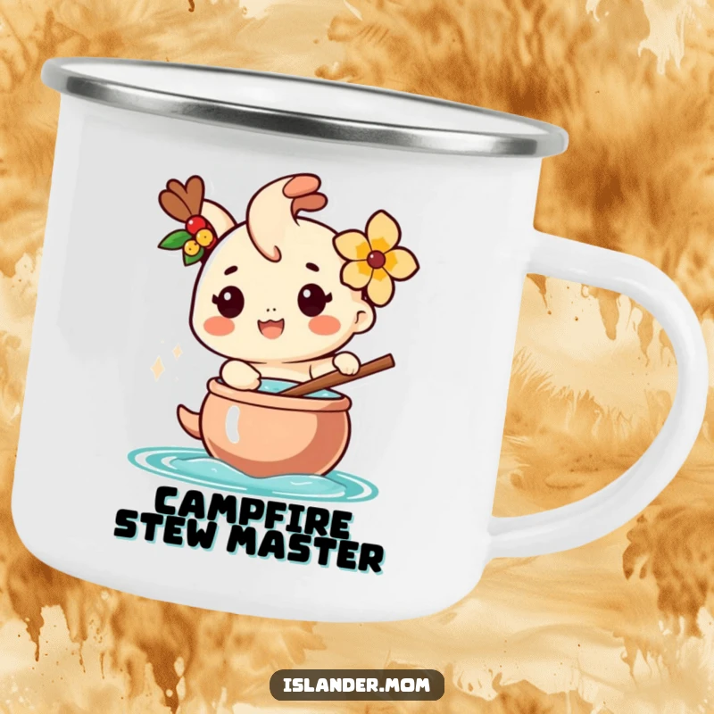 Funny camping mug featuring a happy islander character with a flower, stirring a large pot, perfect for adventurous island cooking.