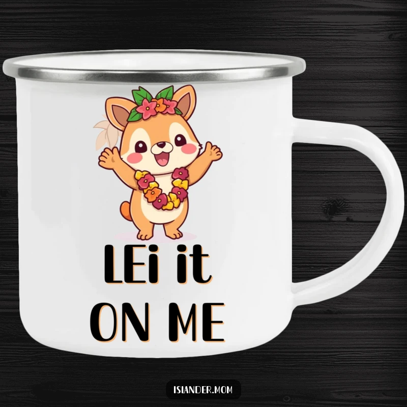 Funny camping mug with an islander animal waving a lei, perfect for outdoor adventures with a tropical welcome.