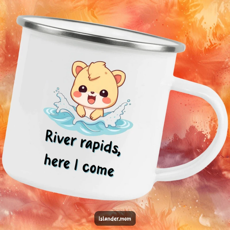 Funny camping mug with an islander animal splashing in waves, perfect for outdoor beach adventures.