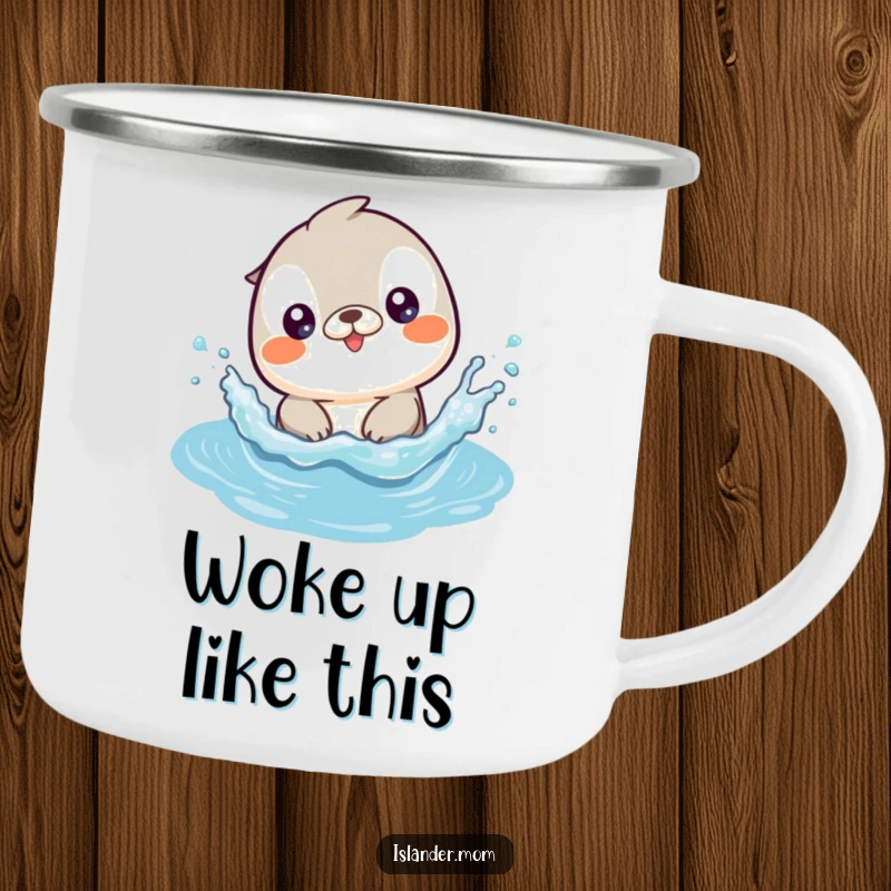 Funny camping mug with a cute kawaii islander animal joyfully splashing in calm, sparkling ocean waves.