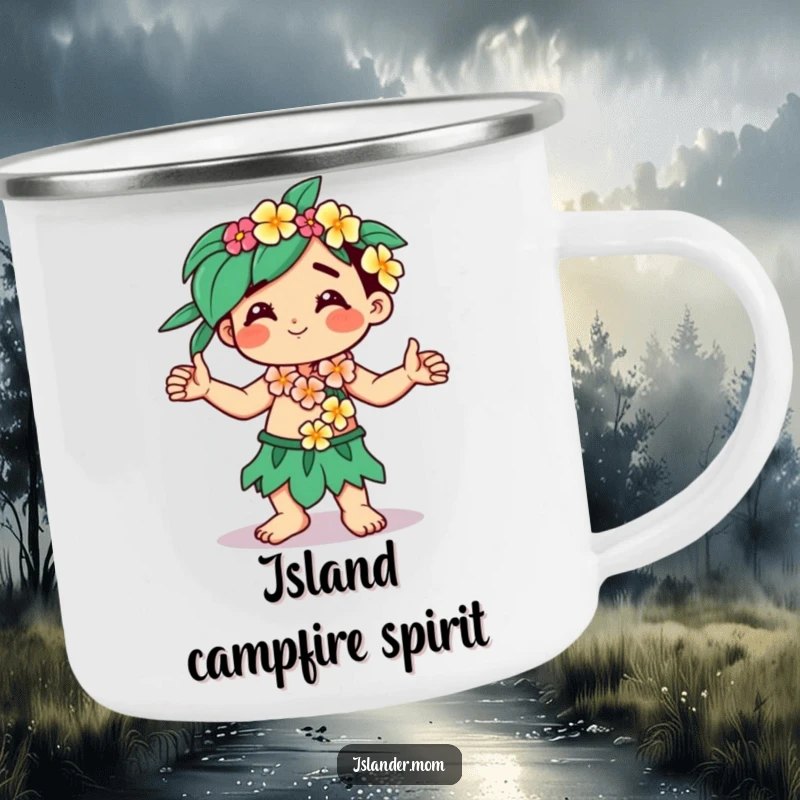 Funny Kawaii islander camping mug with a character wearing a flower lei, dancing freely, ready for outdoors.