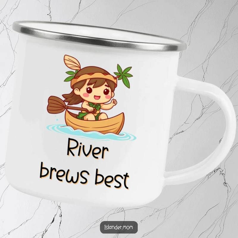 Funny Camping Mug: A kawaii islander character happily paddles a canoe, ideal for enjoying drinks by the water or on the trail.