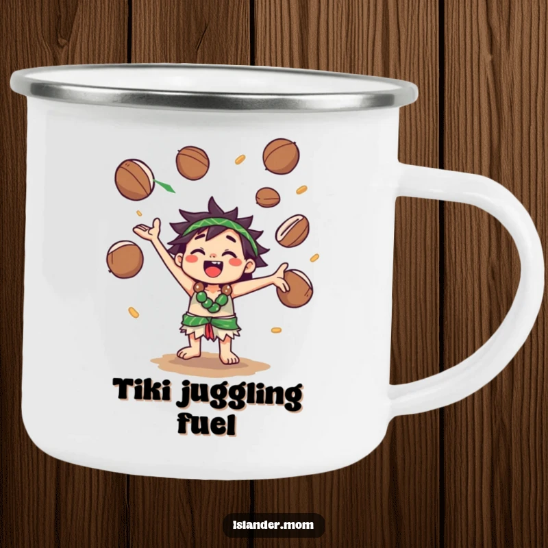 Funny Camping Mug: A kawaii islander character joyfully juggles coconuts, ideal for campfire stories and enjoying nature's bounty.