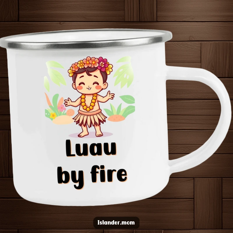 Funny camping mug with a cute Kawaii islander character gracefully hula dancing, ideal for outdoor island fun and humor.