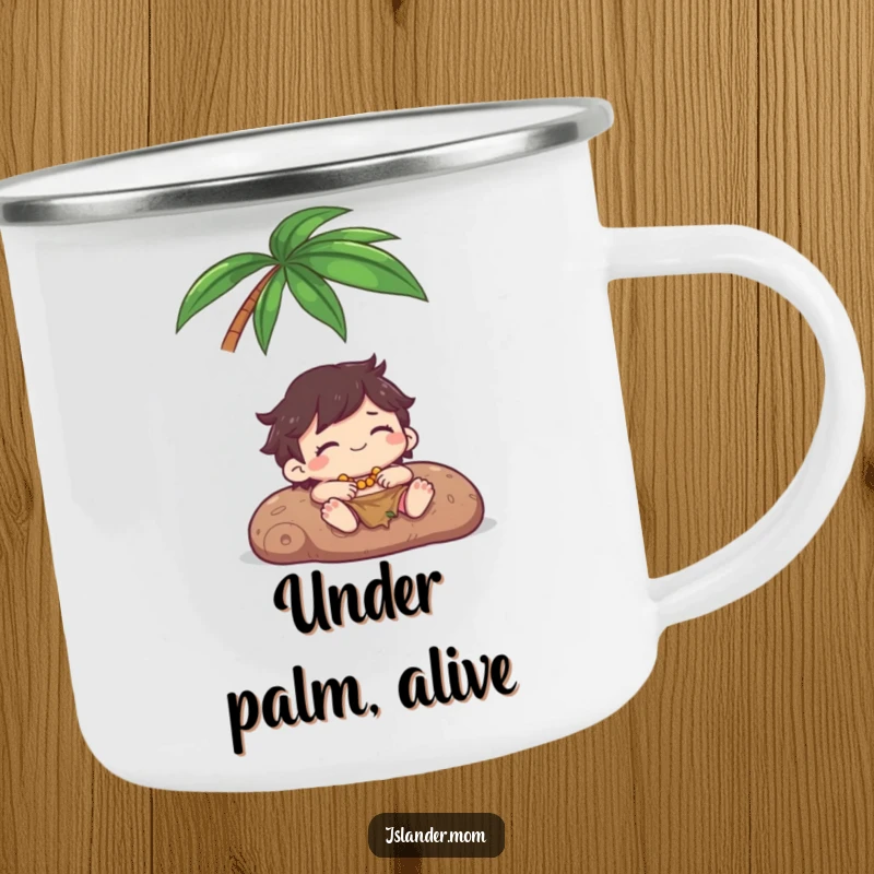 Funny Camping Mug: A kawaii islander character happily relaxes under a palm tree, perfect for enjoying drinks in nature's embrace.