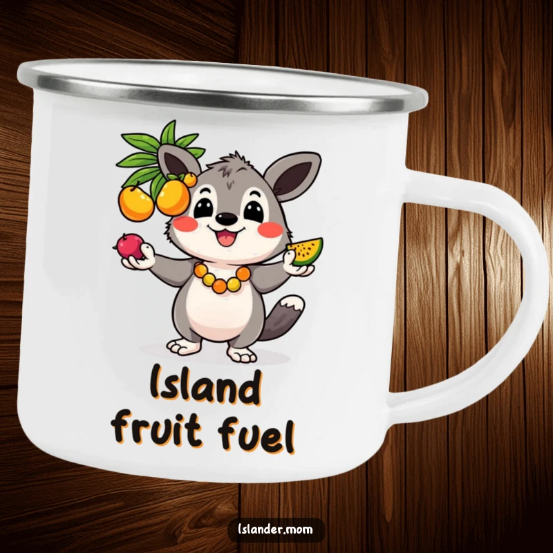 Funny camping mug with a cheerful kawaii islander animal juggling colorful fruits, perfect for outdoor tropical fun.