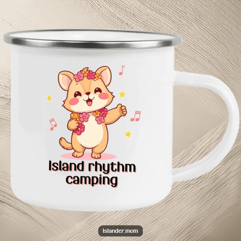 Funny camping mug with a joyful kawaii islander animal wearing a lei, swaying to music, perfect for outdoor tropical fun.