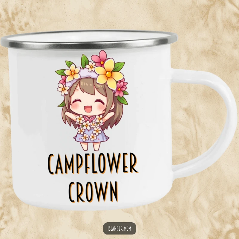 Funny camping mug with a character joyfully balancing a flower lei on their head, designed for rugged adventures and tropical good times.