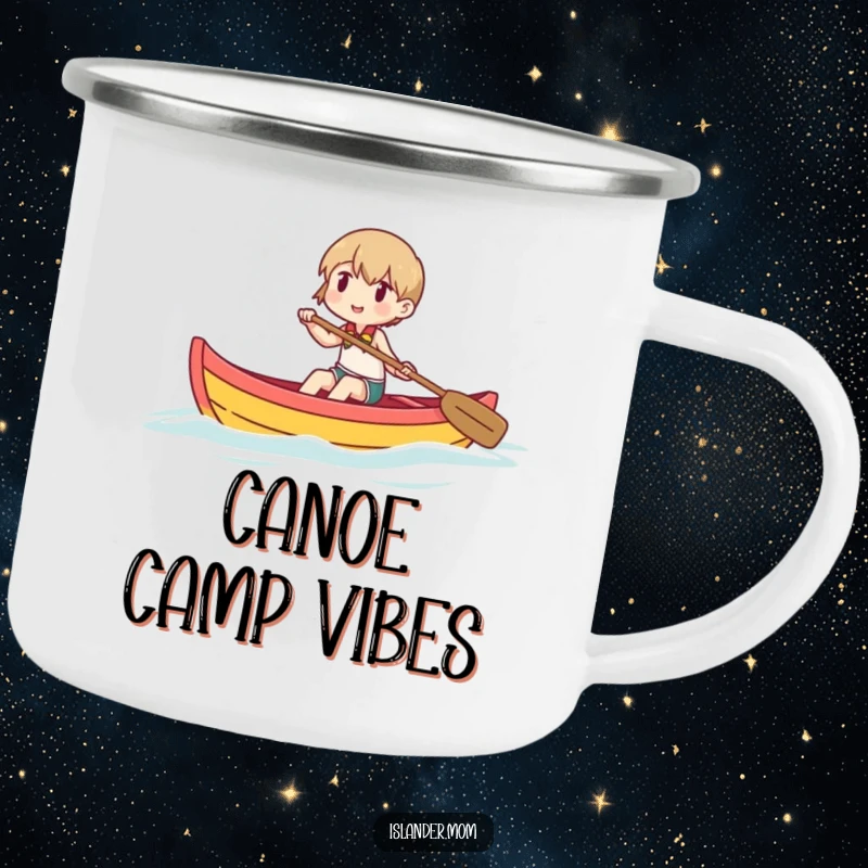 Funny enamel camping mug depicting a character happily paddling a small outrigger canoe, perfect for outdoor excursions.