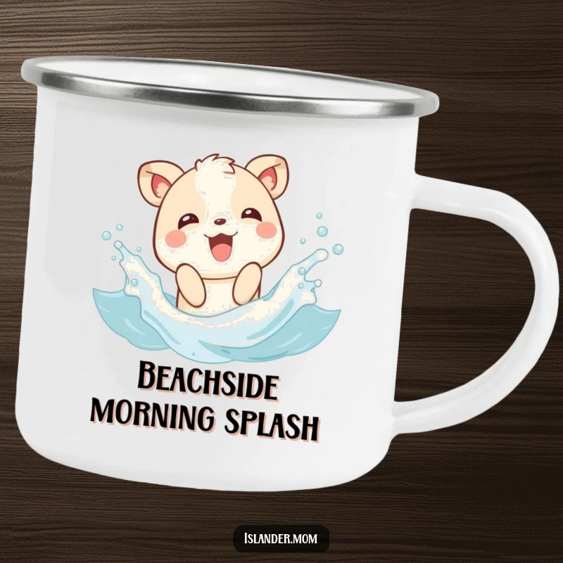 Funny camping mug showing a joyful animal character splashing in gentle waves, perfect for enjoying drinks with a touch of beach fun.