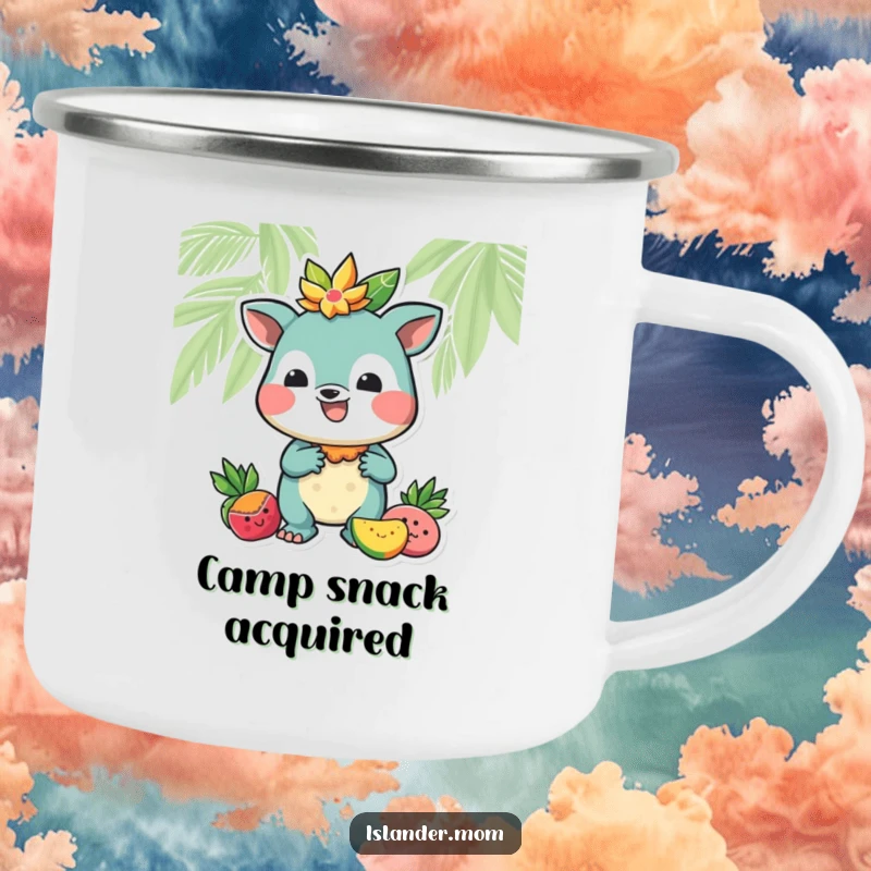 Funny camping mug featuring an island animal character offering a tropical fruit, perfect for outdoor enjoyment.
