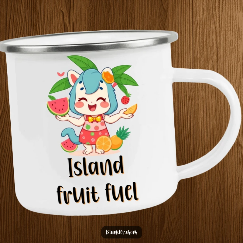 Funny Camping Mug with an islander mom animal juggling colorful tropical fruits, ideal for outdoor enthusiasts and funny gift seekers.