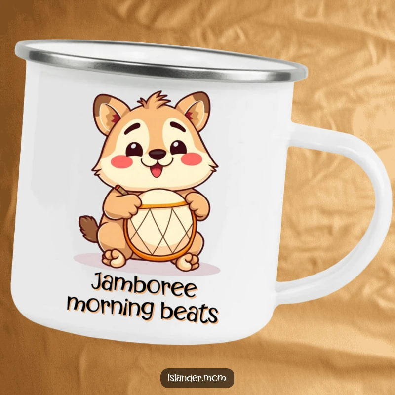Funny Islander Drummer Camping Mug: Enamel mug with an excited islander playing a drum, perfect for outdoors and funny gifts.