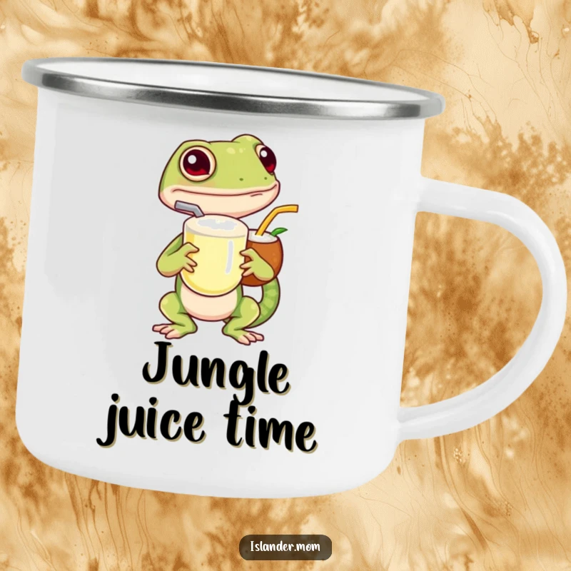 Funny island gecko camping mug, featuring a gecko with a coconut drink, perfect for outdoor enthusiasts who love tropical themes.