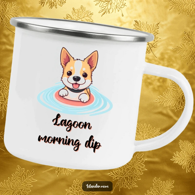 Funny paddling dog camping mug with an enthusiastic dog swimming in a blue lagoon, durable for outdoor adventures.