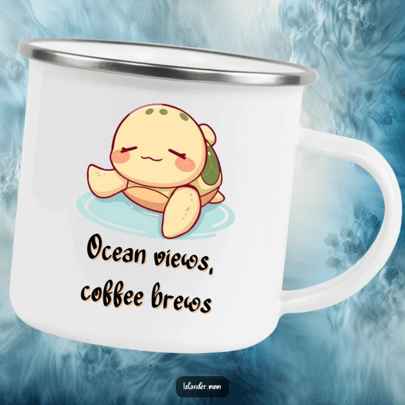 Funny Sea Turtle Camping Mug: A happy sea turtle floats on its back, ready for your favorite hot beverage during serene outdoor moments.