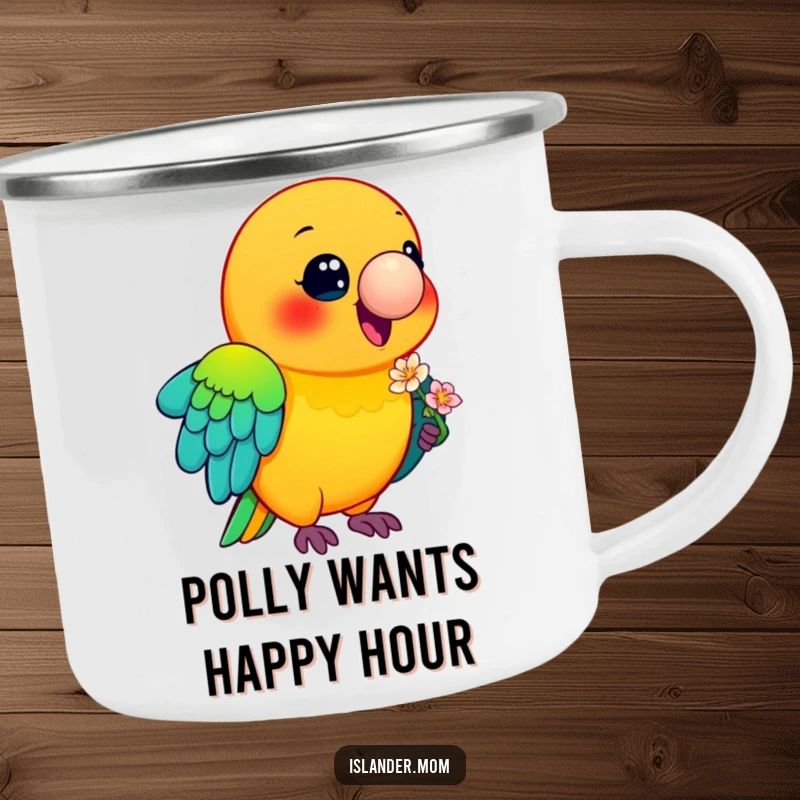 Funny Parrot Camping Mug: A smiling, colorful parrot holds a flower, ready for your favorite hot beverage during outdoor adventures.