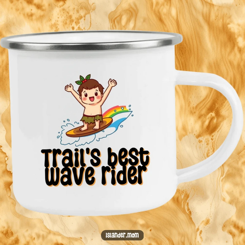 Funny kawaii islander character surfing an epic rainbow wave, etched onto a rugged camping mug, ready for outdoor adventures.