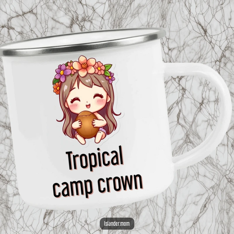Funny enamel camping mug depicting a character in a flower crown holding a coconut, perfect for tropical-themed outdoor fun.