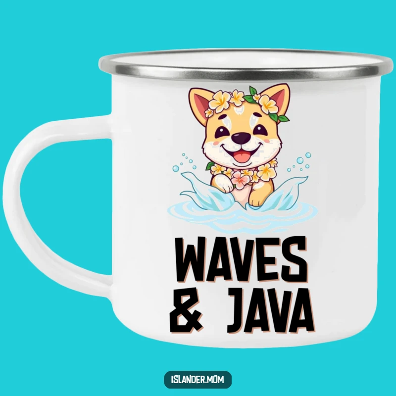 Funny Beach Dog Camping Mug - Islander Pup Lei Splashing Waves, Adventure Gift