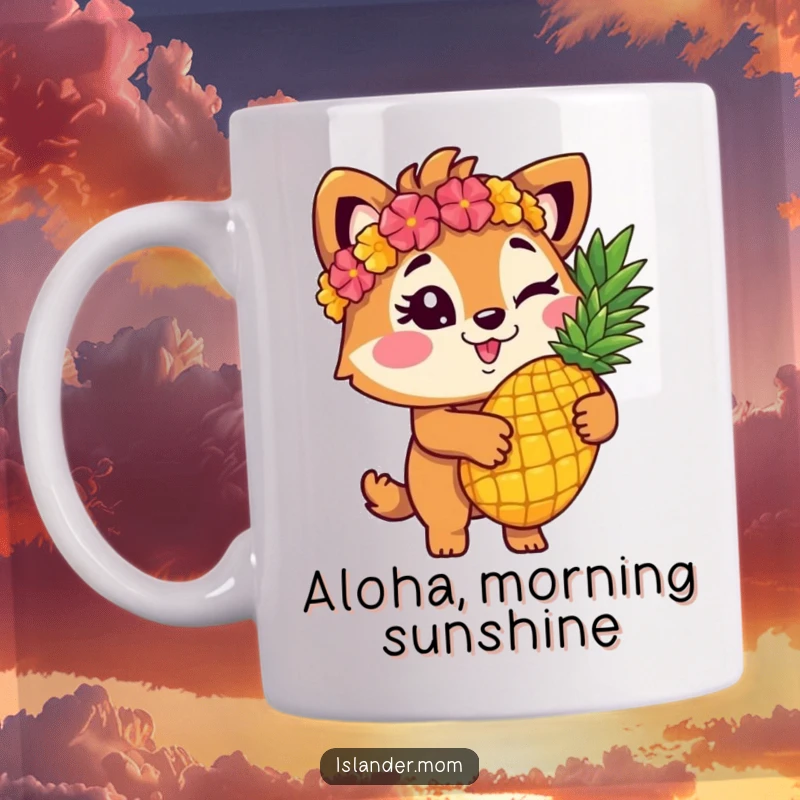 Funny islander animal character winking and holding a ripe pineapple, perfect for a tropical-themed funny mug.