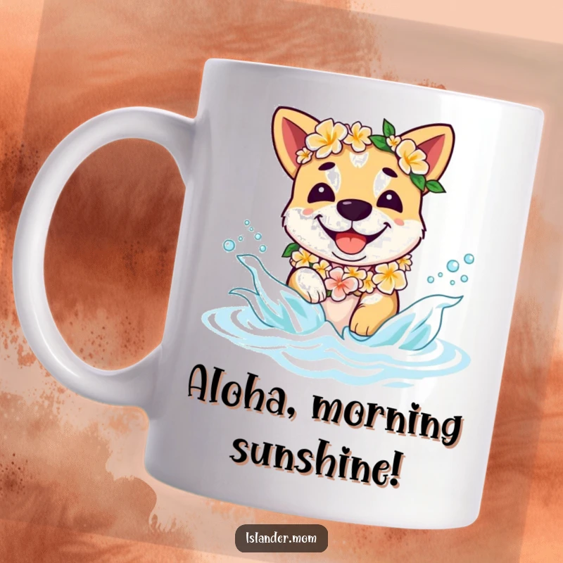 Funny islander dog mug featuring a smiling dog wearing a flower lei, happily splashing in calm ocean waves, capturing pure joy.