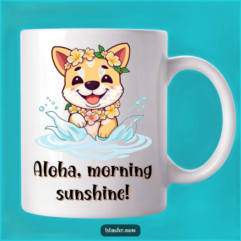 Funny Hawaiian Dog Mug - Smiling Islander Pup with Flower Lei Beach Gift