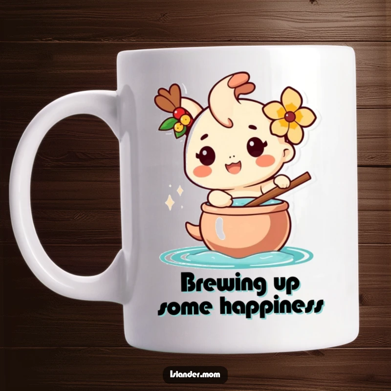 Funny mug showing a happy islander character with a flower behind its ear, cheerfully stirring a large pot of food.