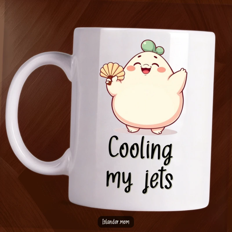 Funny mug featuring a rotund character joyfully fanning with a shell fan, radiating warmth and humor.