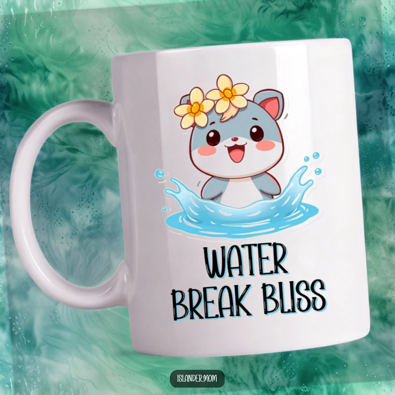 Funny mug with a cheerful islander animal character wearing a flower, joyfully splashing in bright blue water.