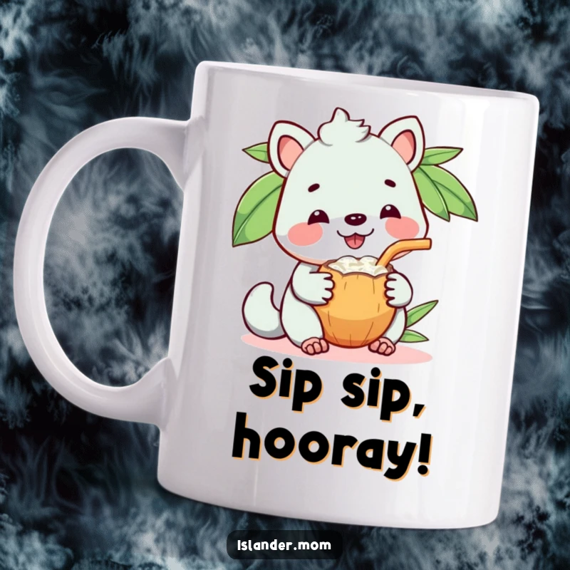 Funny mug showing a kawaii islander animal with a big happy grin, sharing a coconut drink generously.
