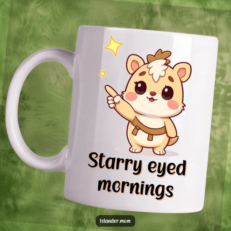 Funny Mug: Kawaii islander animal character pointing at a shining star with wide, curious eyes, full of wonder.