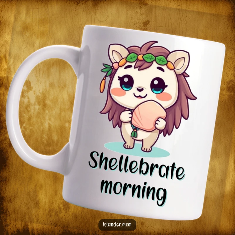 Funny mug with a cute islander animal character beaming with a smile while offering a beautiful seashell.