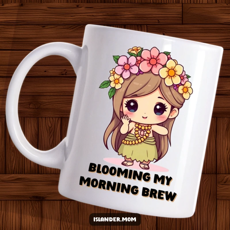 Funny kawaii islander character intently weaving a delicate flower crown, eyes shining with focused delight and creativity.