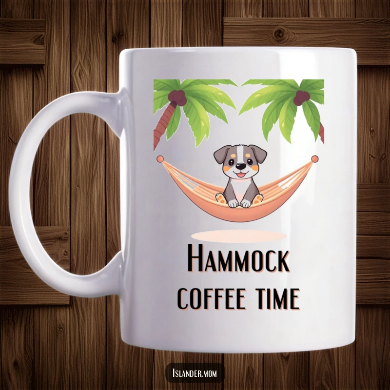 Funny dog relaxing in a hammock swaying gently between palm trees, tropical vacation vibe mug, chill canine design.
