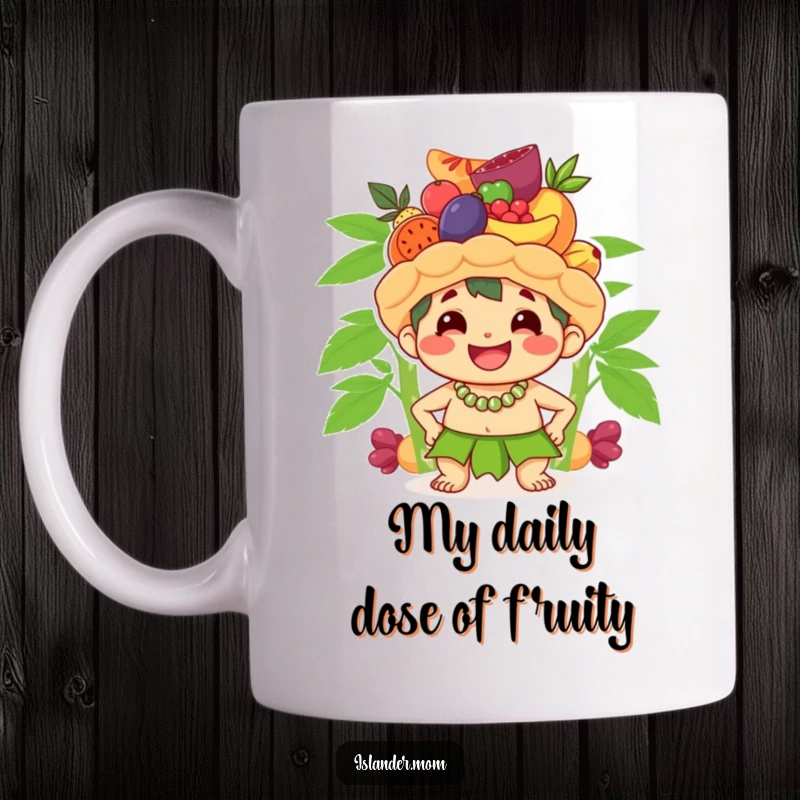 Funny mug showing a cute islander character with a broad smile balancing a tall stack of colorful fruit on its head.