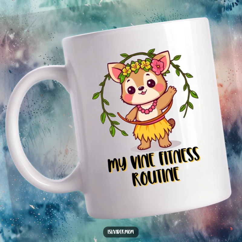 Funny Mug: Kawaii islander animal character joyfully twirling a vine hula hoop, embodying tropical fun and laughter.