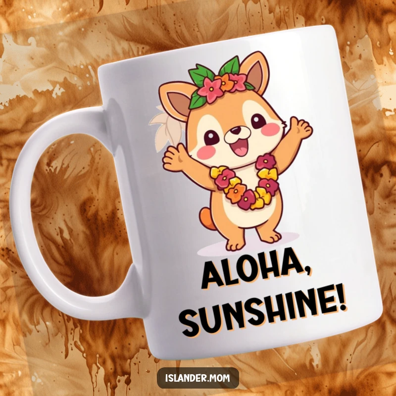 Funny islander animal character enthusiastically waving a colorful lei, embodying a warm tropical welcome.