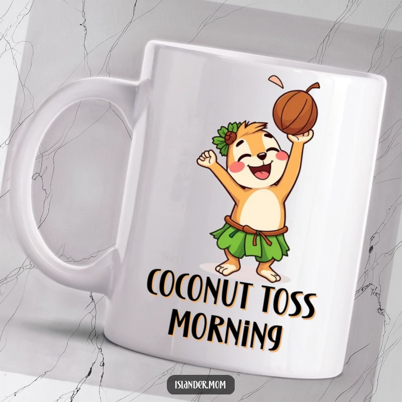 Funny mug featuring a grinning islander animal character playfully tossing a coconut high in the air, embodying carefree island fun.