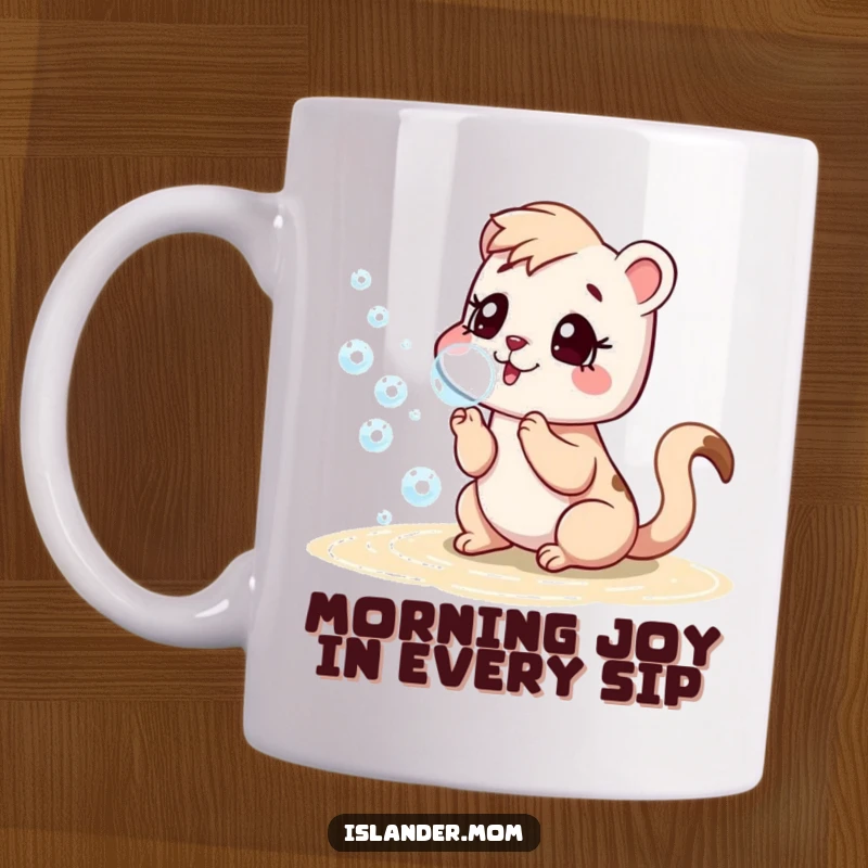 Funny mug depicting an islander mom animal joyfully blowing iridescent bubbles near a sunny beach.