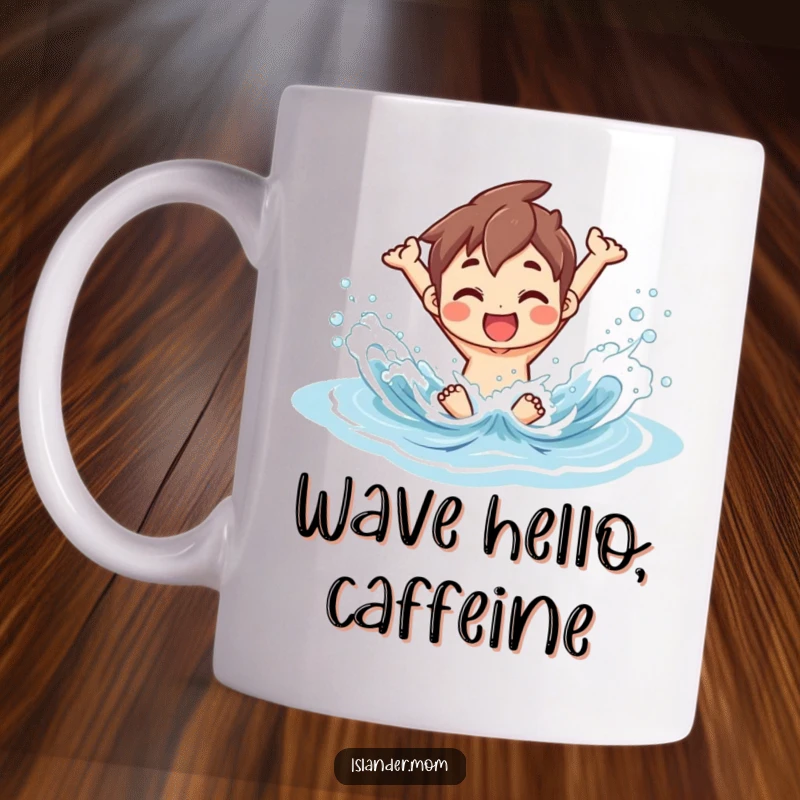 Funny Mug showing an islander character joyfully splashing in gentle ocean waves, capturing pure seaside bliss.