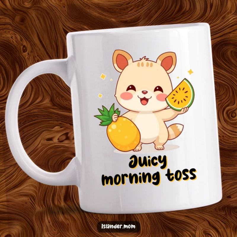 Funny mug showing a cheerful animal character skillfully juggling colorful tropical fruits, radiating joy and impressive dexterity.